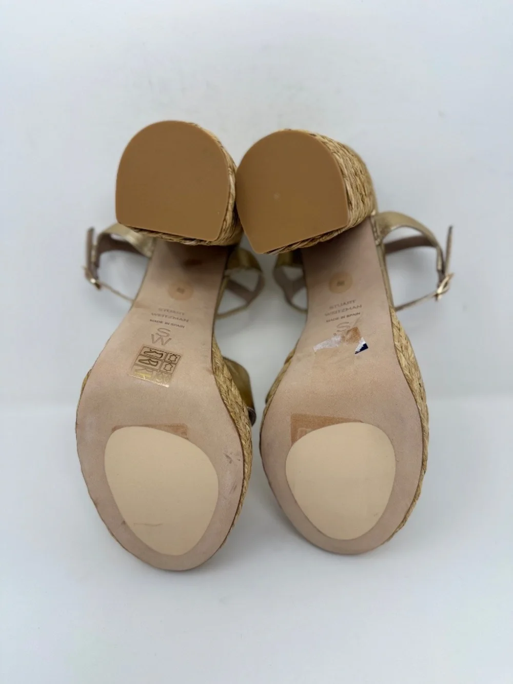 New Stuart Weitzman Dayna Metallic Leather Raffia Platform Sandal Sz 8